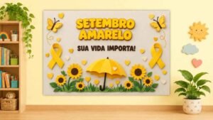 Painel estilo 3D do Setembro Amarelo com guarda-chuva, girassóis, laços e a frase Sua vida importa