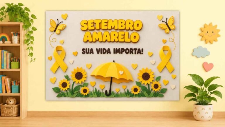 Painel estilo 3D do Setembro Amarelo com guarda-chuva, girassóis, laços e a frase Sua vida importa