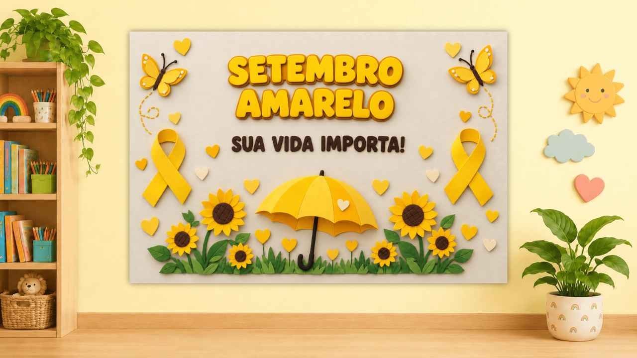 Painel estilo 3D do Setembro Amarelo com guarda-chuva, girassóis, laços e a frase Sua vida importa