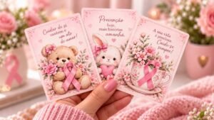 Três cartões com ilustrações em tons de rosa, flores e mensagens de conscientização sobre o Outubro Rosa, segurados por uma mão
