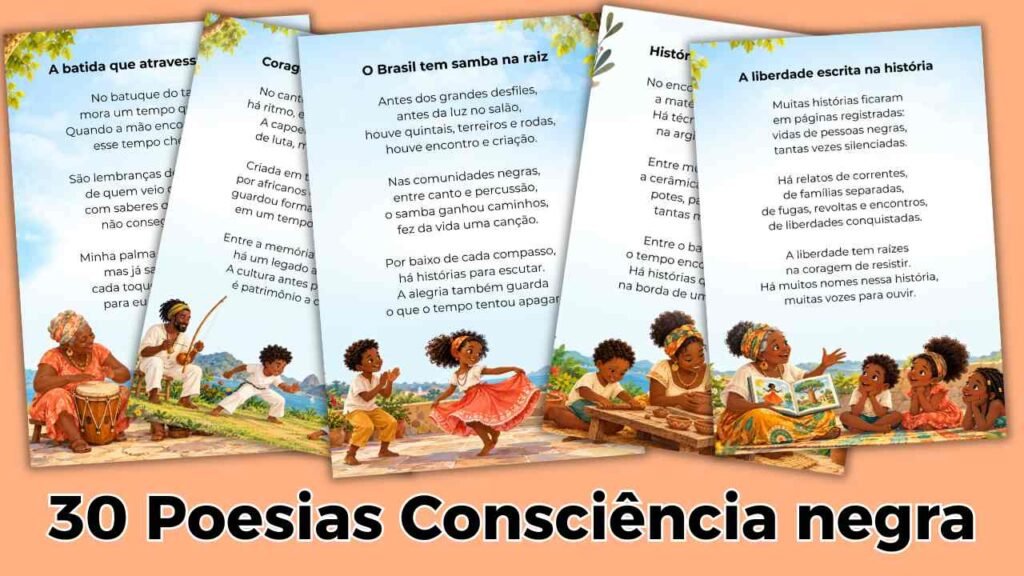 Página ilustrada com uma mulher e duas crianças negras tocando tambores e um poema sobre memória e ancestralidade.