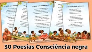 Página ilustrada com uma mulher e duas crianças negras tocando tambores e um poema sobre memória e ancestralidade.