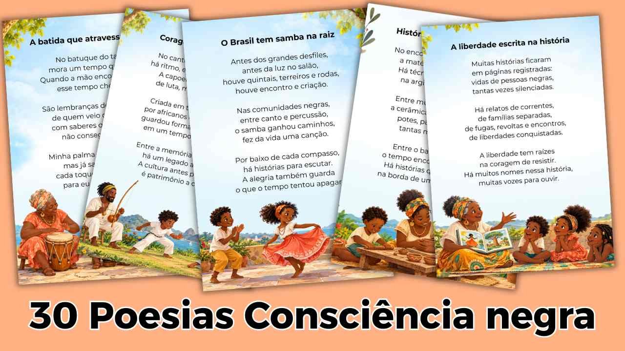 Página ilustrada com uma mulher e duas crianças negras tocando tambores e um poema sobre memória e ancestralidade.