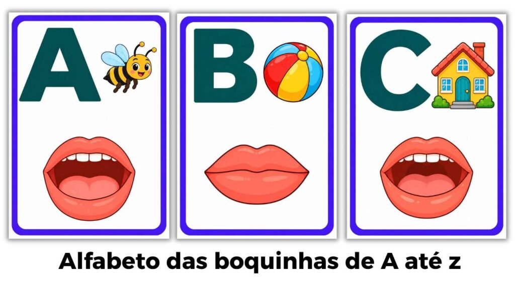 Alfabeto das boquinhas para imprimir com letras maiúsculas, figuras infantis e ilustrações dos movimentos da boca