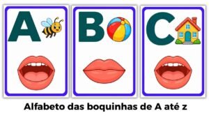 Alfabeto das boquinhas para imprimir com letras maiúsculas, figuras infantis e ilustrações dos movimentos da boca