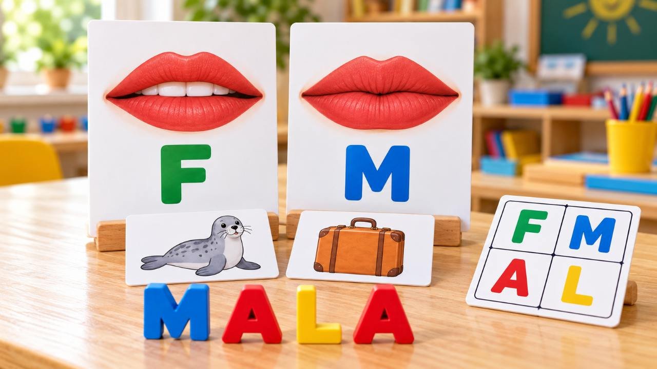Cartões de alfabetização com boquinhas, letras e figuras ao lado de letras móveis sobre uma mesa