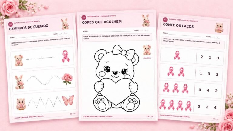 Atividades Outubro Rosa para Educação Infantil com laço rosa e ilustrações delicadas para crianças