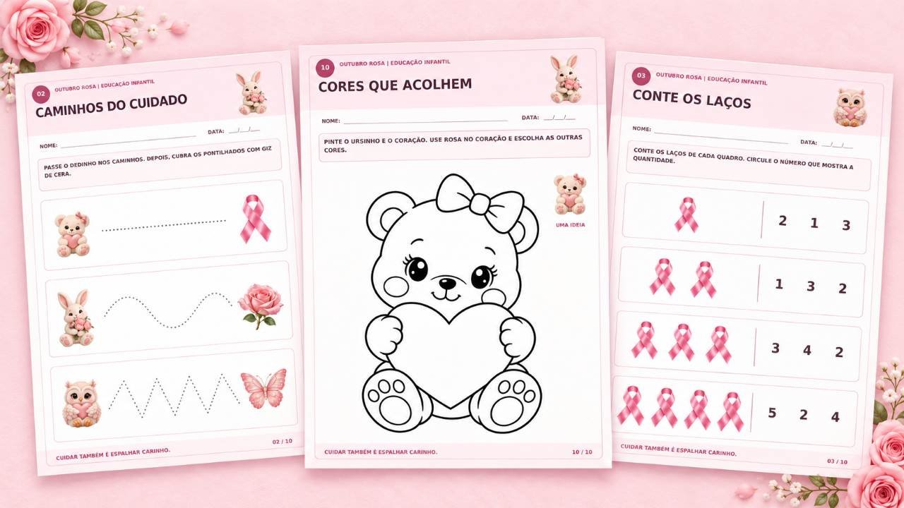 Atividades Outubro Rosa para Educação Infantil com laço rosa e ilustrações delicadas para crianças