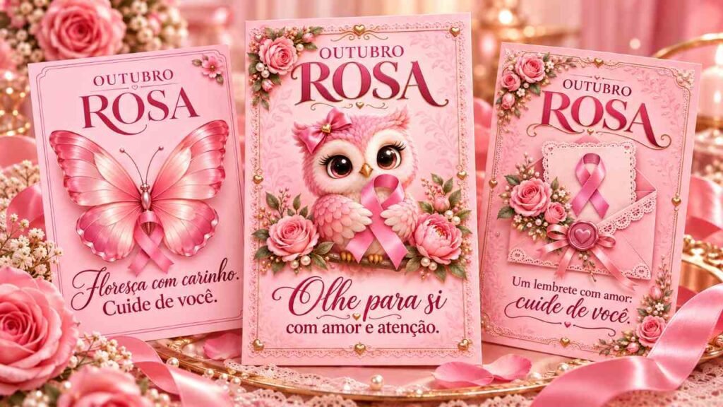 Cartões Outubro Rosa para imprimir em tons de rosa com flores, laços e mensagens de carinho e conscientização