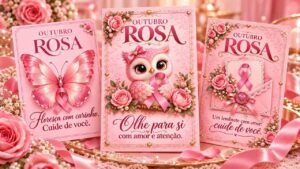 Cartões Outubro Rosa para imprimir em tons de rosa com flores, laços e mensagens de carinho e conscientização
