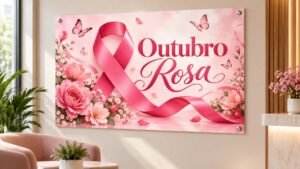 Cartaz Outubro Rosa para imprimir com laço rosa, flores e borboletas
