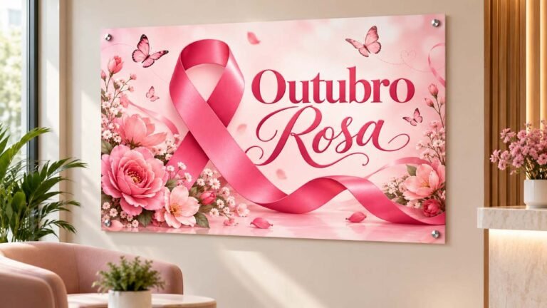 Cartaz Outubro Rosa para imprimir com laço rosa, flores e borboletas