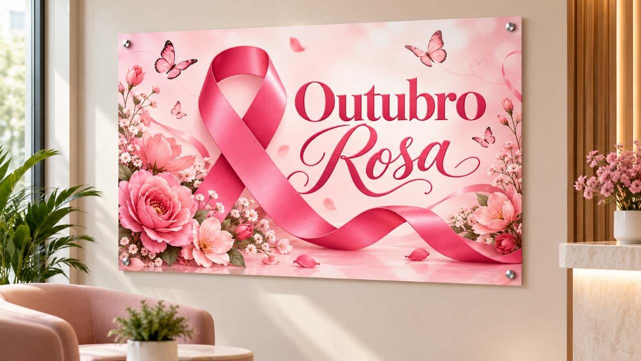 Cartaz Outubro Rosa para imprimir com laço rosa, flores e borboletas