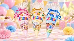 Cones de papel decorados com doces, saquinhos transparentes e fitilhos sobre uma mesa preparada para o Dia das Crianças.