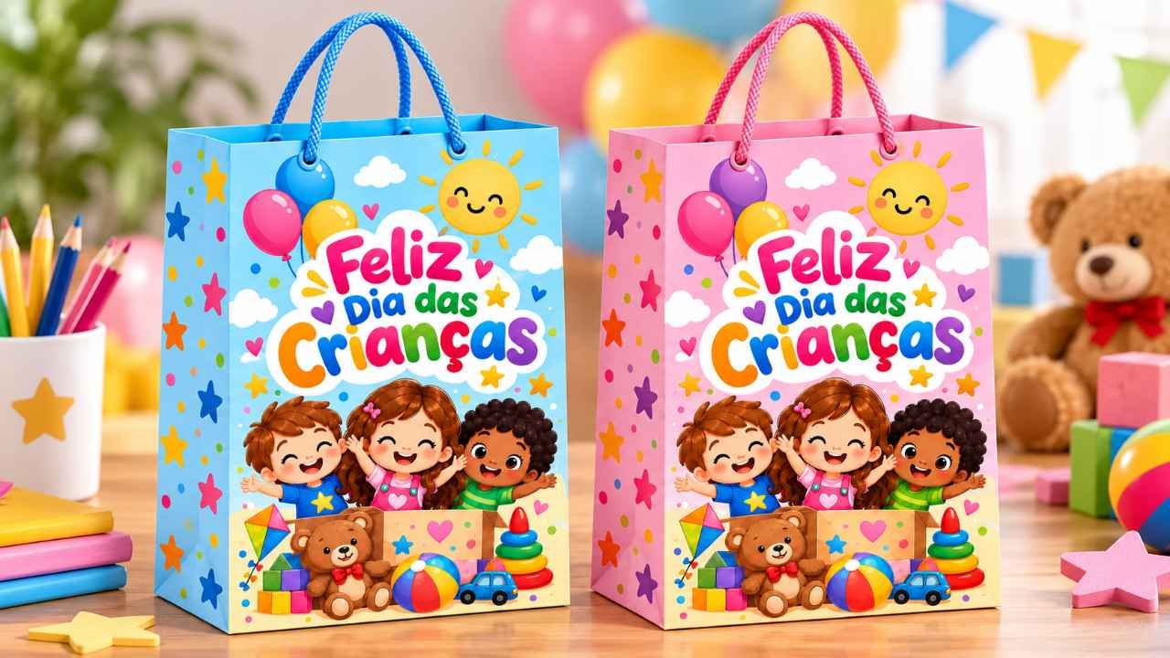 Sacolinha colorida de lembrancinha para o Dia das Crianças pronta para imprimir e montar