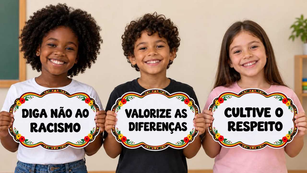 Plaquinha com a frase Diga não ao racismo em letras pretas, fundo branco e moldura colorida com flores.