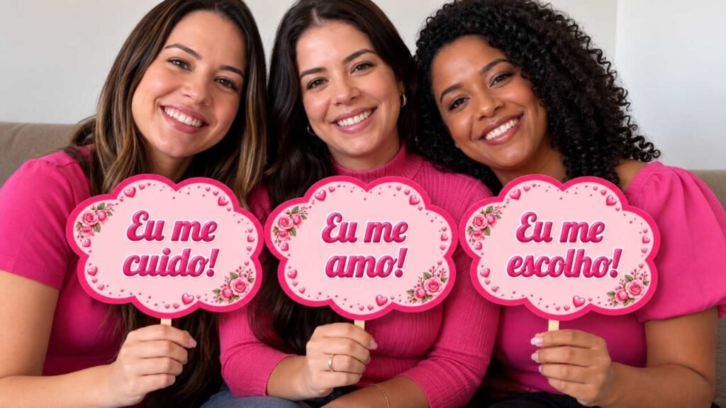 Plaquinhas Outubro Rosa para imprimir com frases de autocuidado e amor-próprio