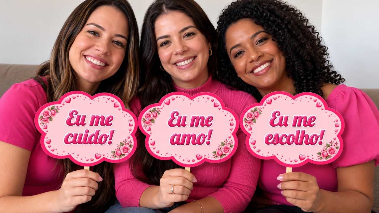 Plaquinhas Outubro Rosa para imprimir com frases de autocuidado e amor-próprio