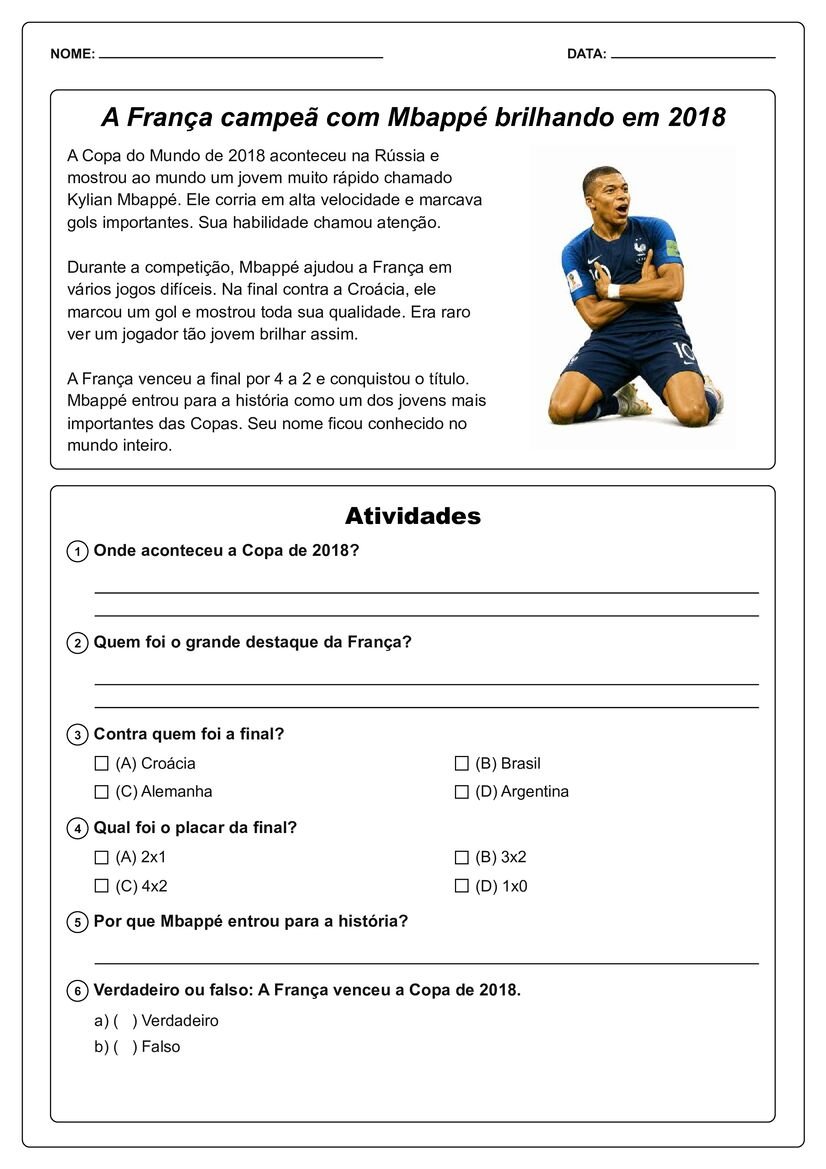 textos sobre copa do mundo com atividades