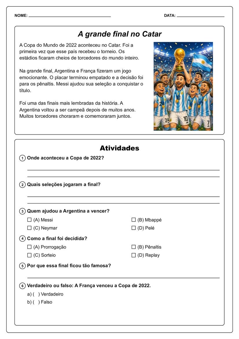 textos sobre copa do mundo com atividades