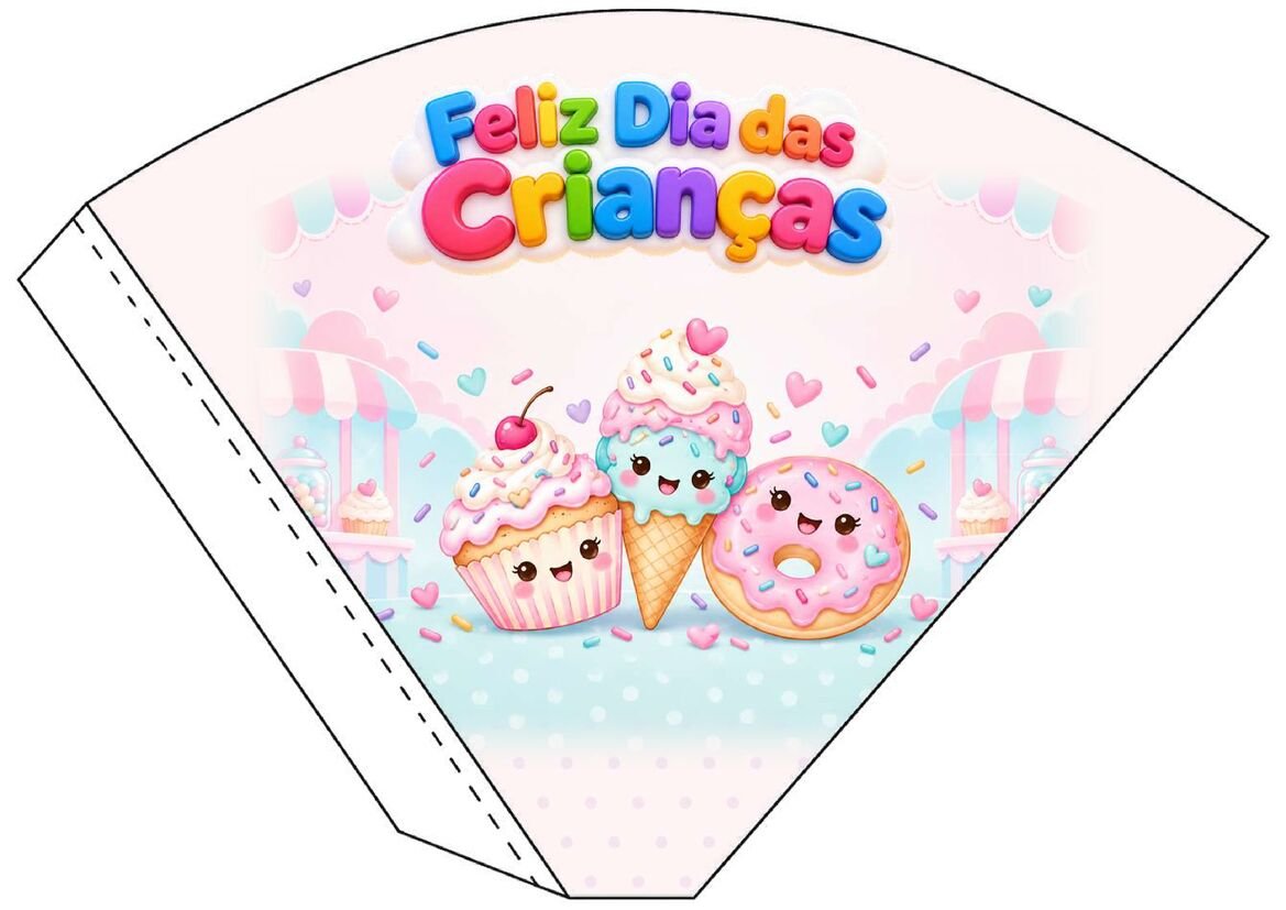 Molde 14 de cone de papel decorado para o Dia das Crianças