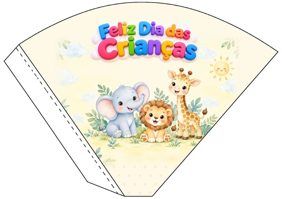 Molde 03 de cone de papel decorado para o Dia das Crianças