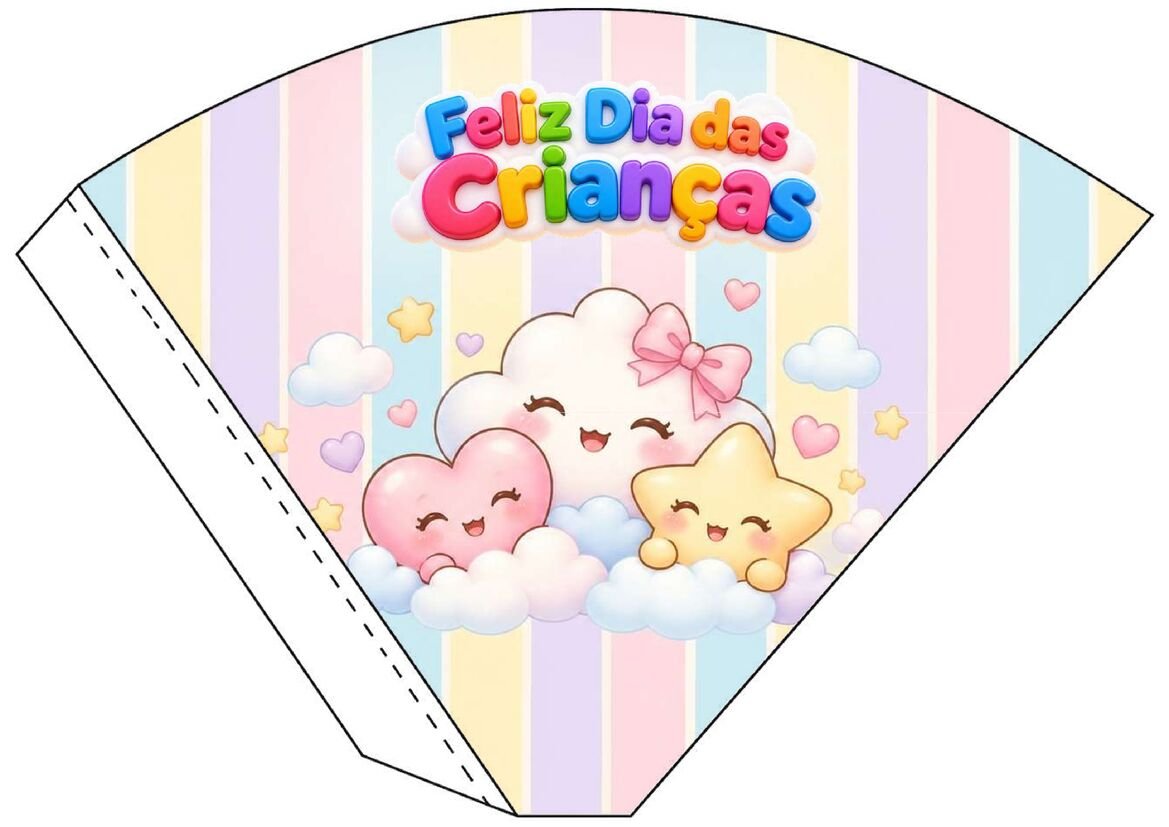 Molde 05 de cone de papel decorado para o Dia das Crianças